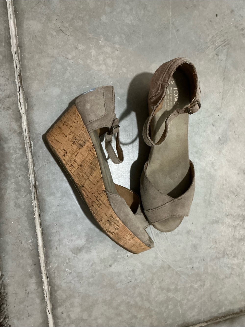 TOMS Taupe Suede Cork Wedge Sandals